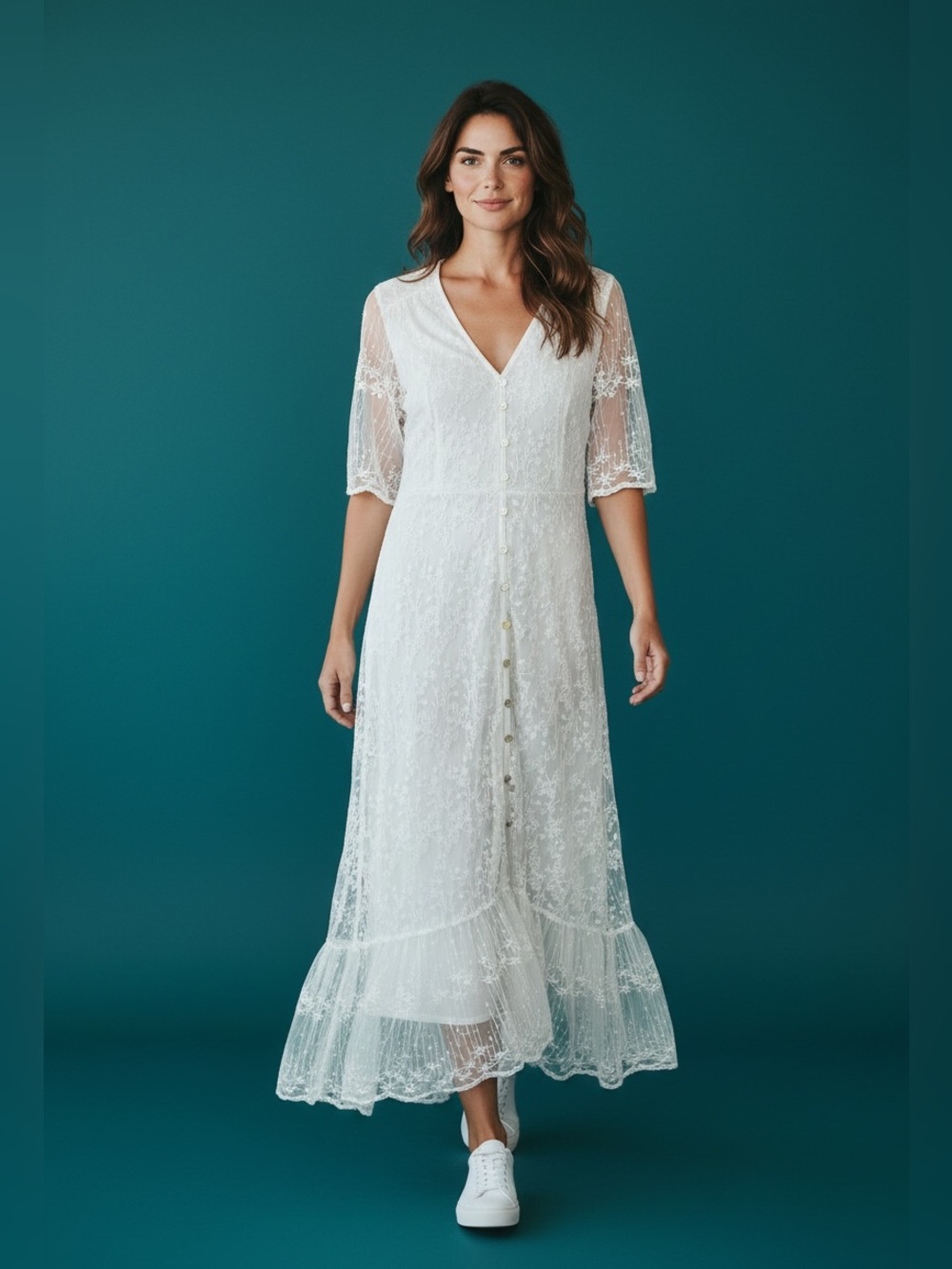 White Lace Button-Front Maxi Dress